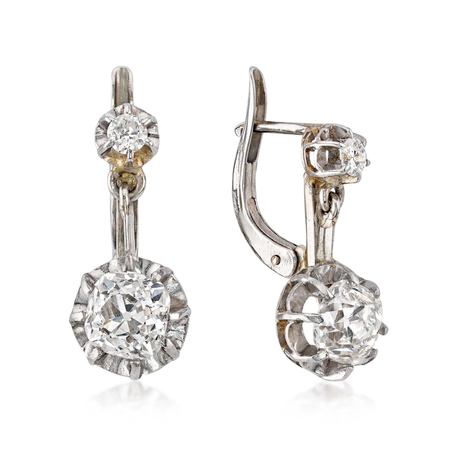 Edwardian Platinum & 14KT Yellow Gold Diamond Earrings front and side