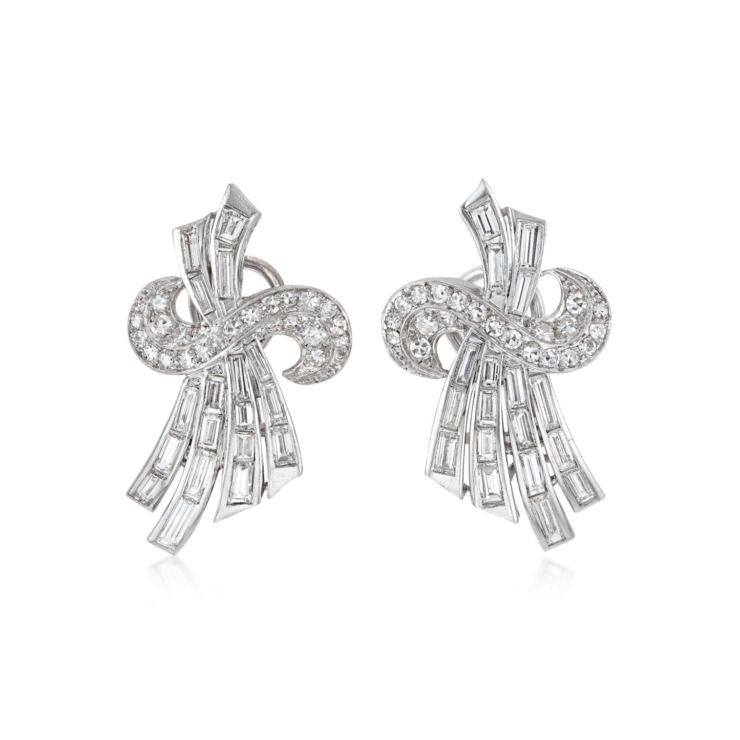 French 1950s Platinum Diamond Earrings front