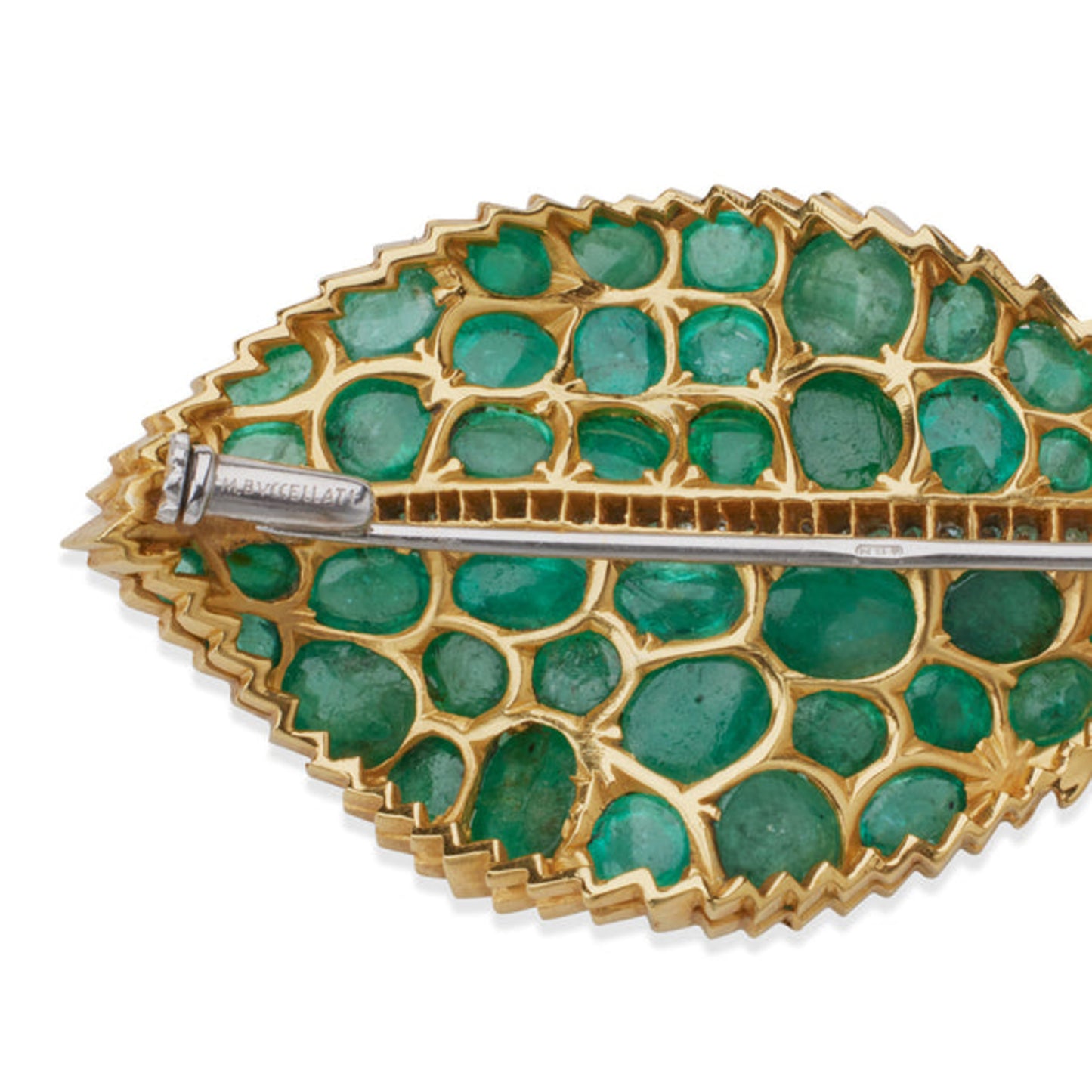 Buccellati Italy 1970s Platinum & 18KT Yellow Gold Emerald & Diamond Leaf Brooch signature