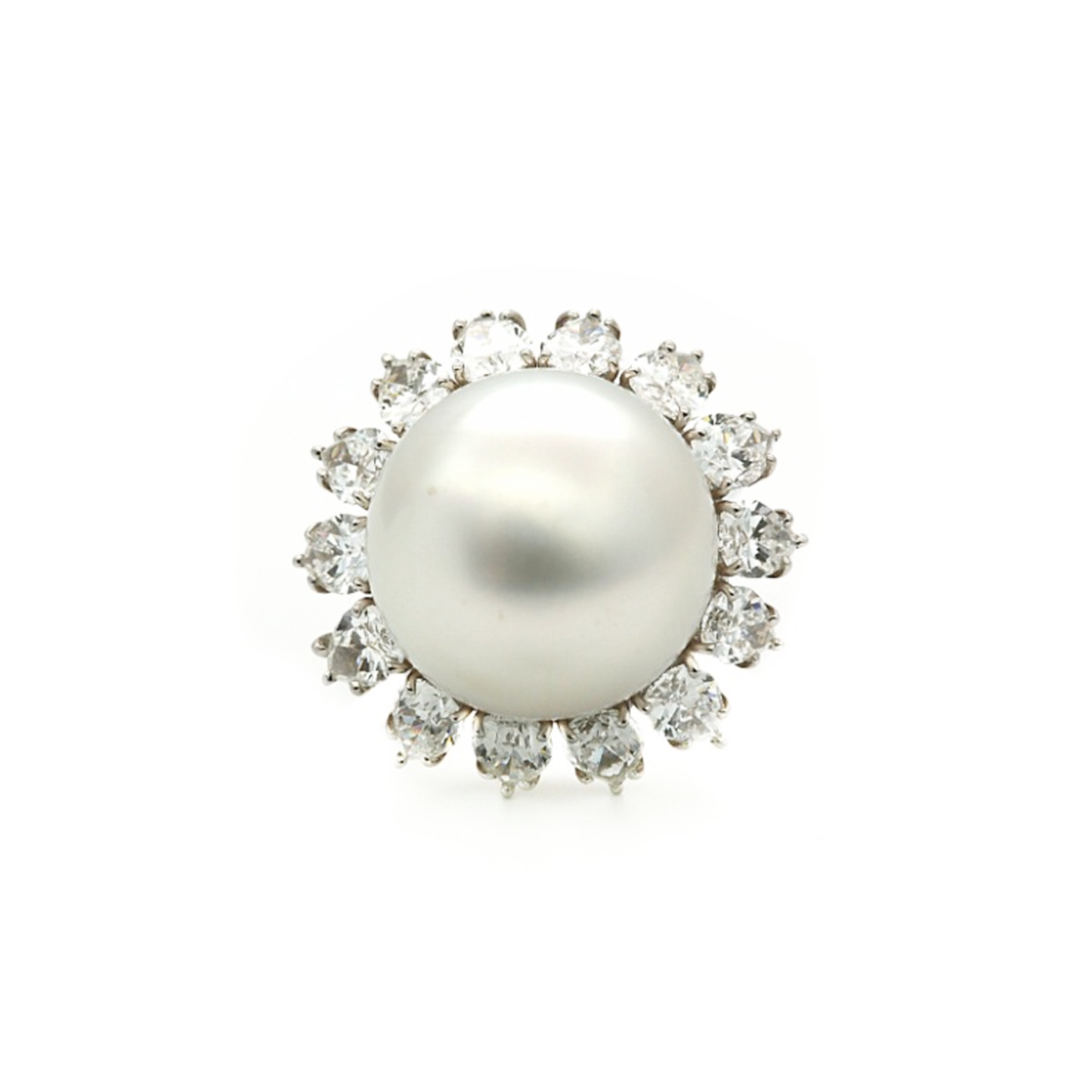 1980s Platinum Cultured Pearl & Diamond Ring front