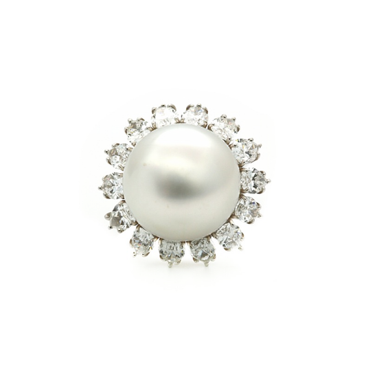1980s Platinum Cultured Pearl & Diamond Ring front