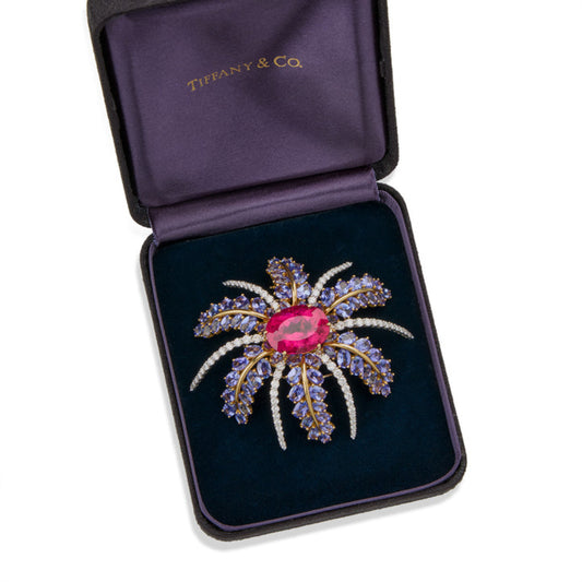 Tiffany & Co. Post-1980s Platinum & 18KT Yellow Gold Tourmaline, Diamond & Tanzanite Fireworks Brooch in box