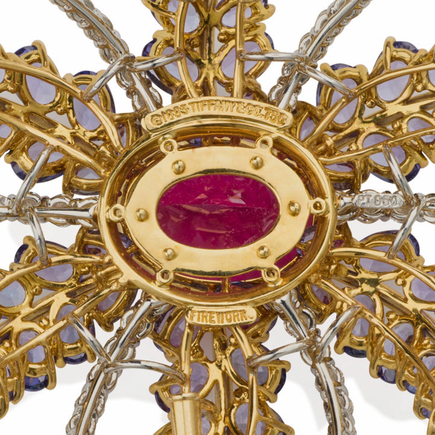 Tiffany & Co. Post-1980s Platinum & 18KT Yellow Gold Tourmaline, Diamond & Tanzanite Fireworks Brooch signature