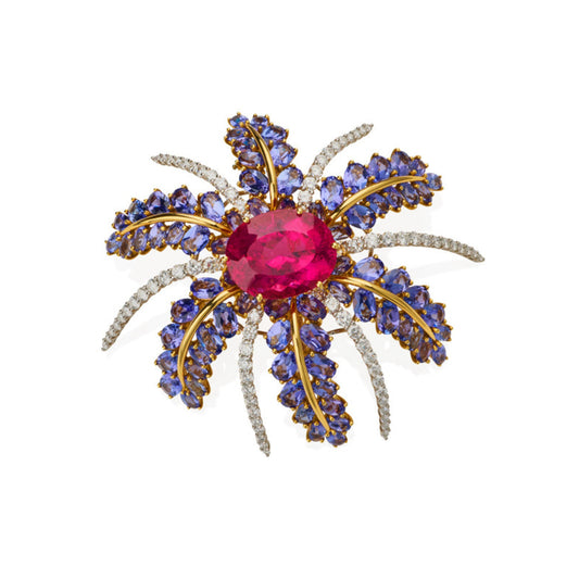 Tiffany & Co. Post-1980s Platinum & 18KT Yellow Gold Tourmaline, Diamond & Tanzanite Fireworks Brooch front