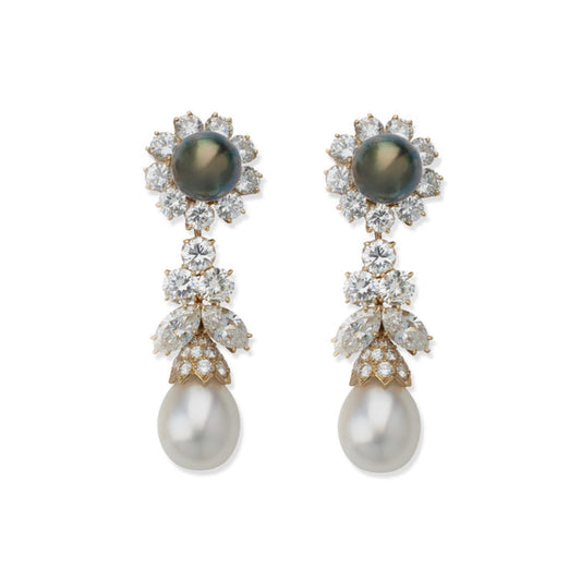 Van Cleef & Arpels France 1980s 18KT Yellow Gold Cultured Pearl & Diamond Earrings front