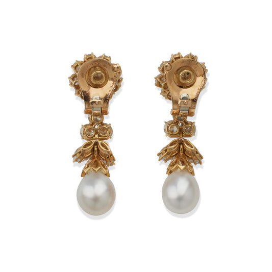 Van Cleef & Arpels France 1980s 18KT Yellow Gold Cultured Pearl & Diamond Earrings back