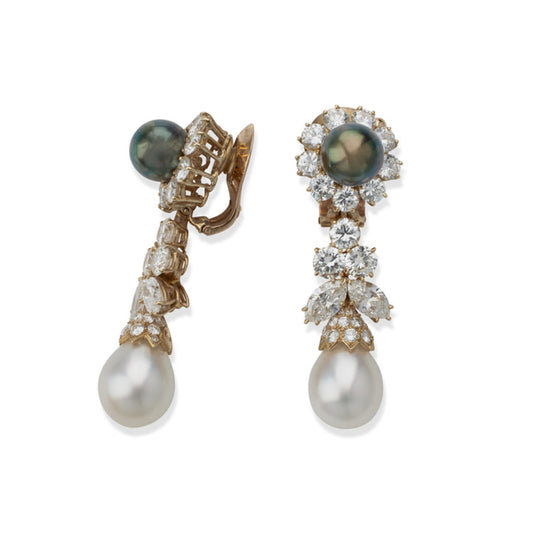 Van Cleef & Arpels France 1980s 18KT Yellow Gold Cultured Pearl & Diamond Earrings side