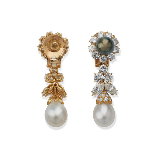 Van Cleef & Arpels France 1980s 18KT Yellow Gold Cultured Pearl & Diamond Earrings back