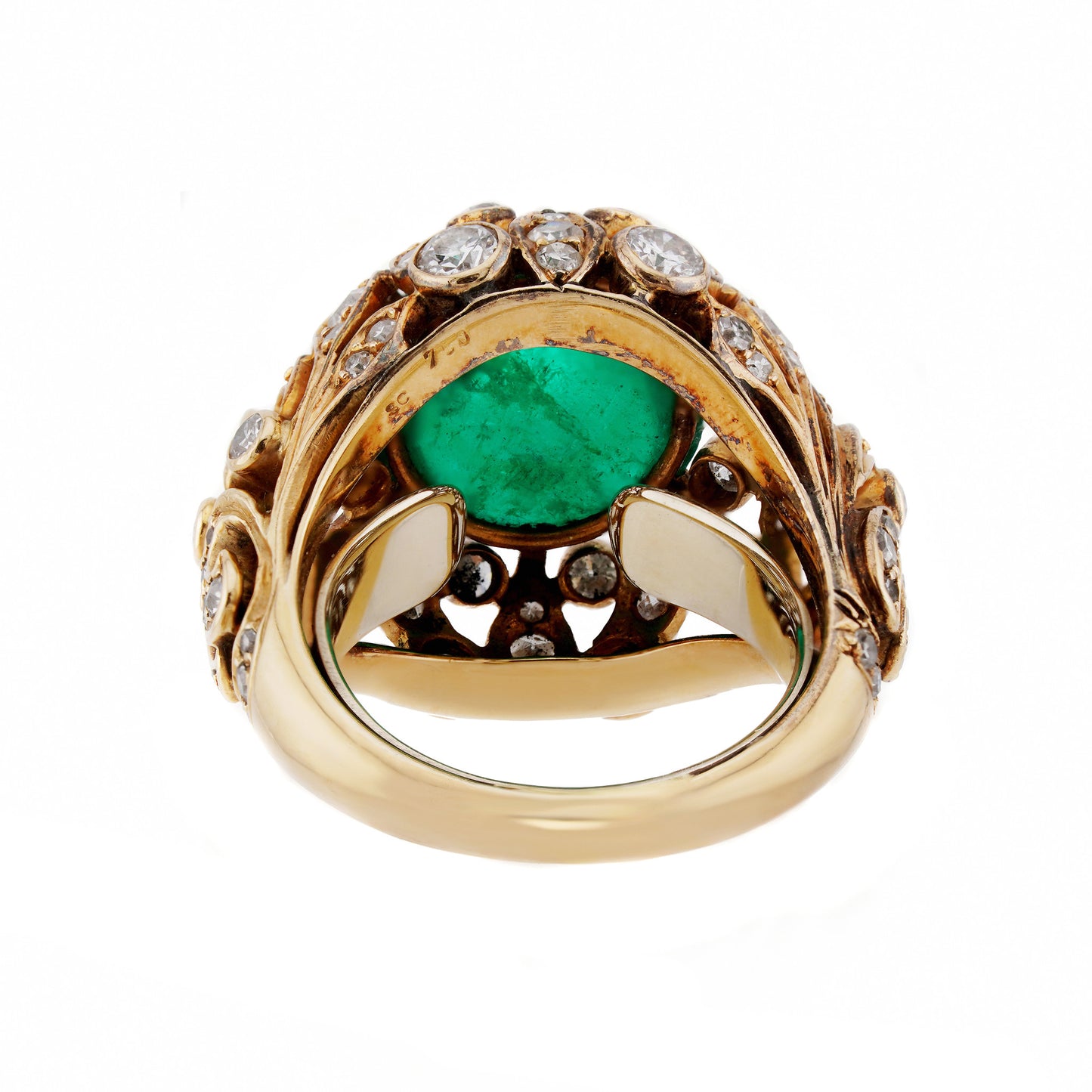 1970s 18KT Yellow Gold Cabochon Emerald & Diamond Ring back