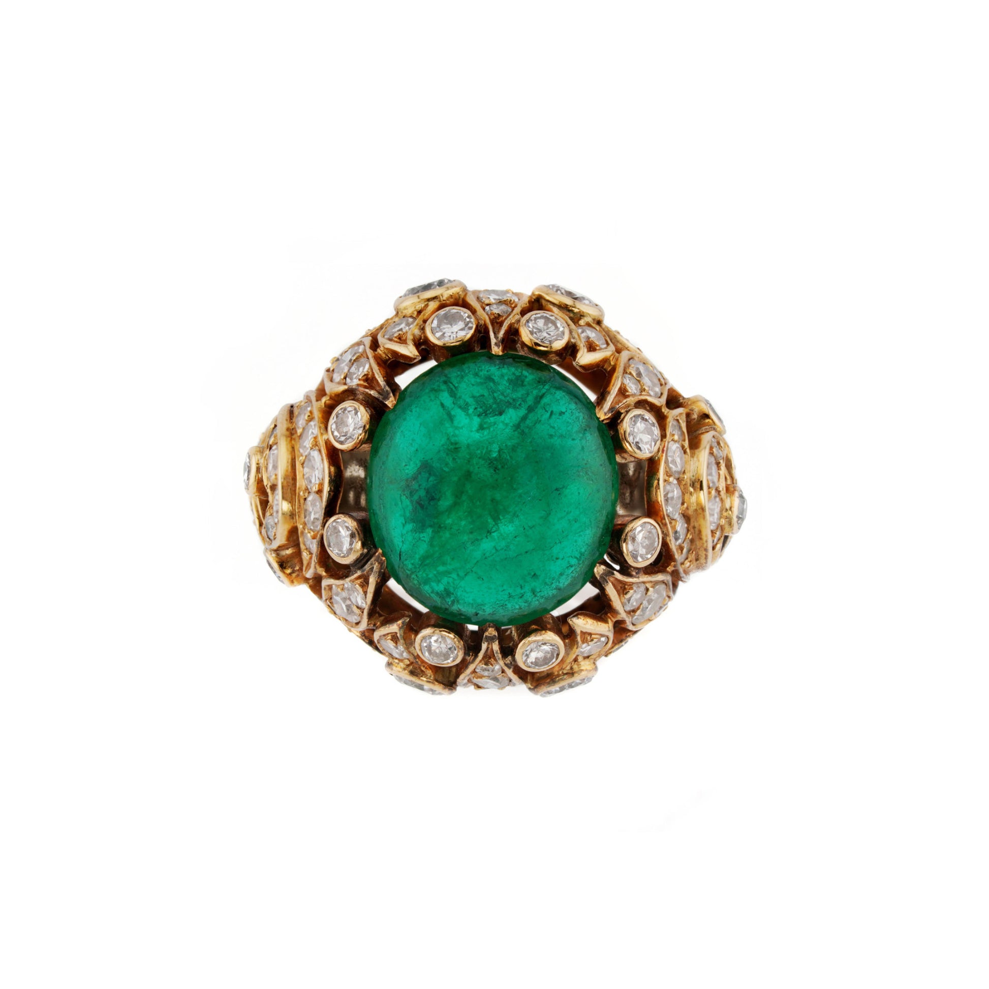 1970s 18KT Yellow Gold Cabochon Emerald & Diamond Ring front