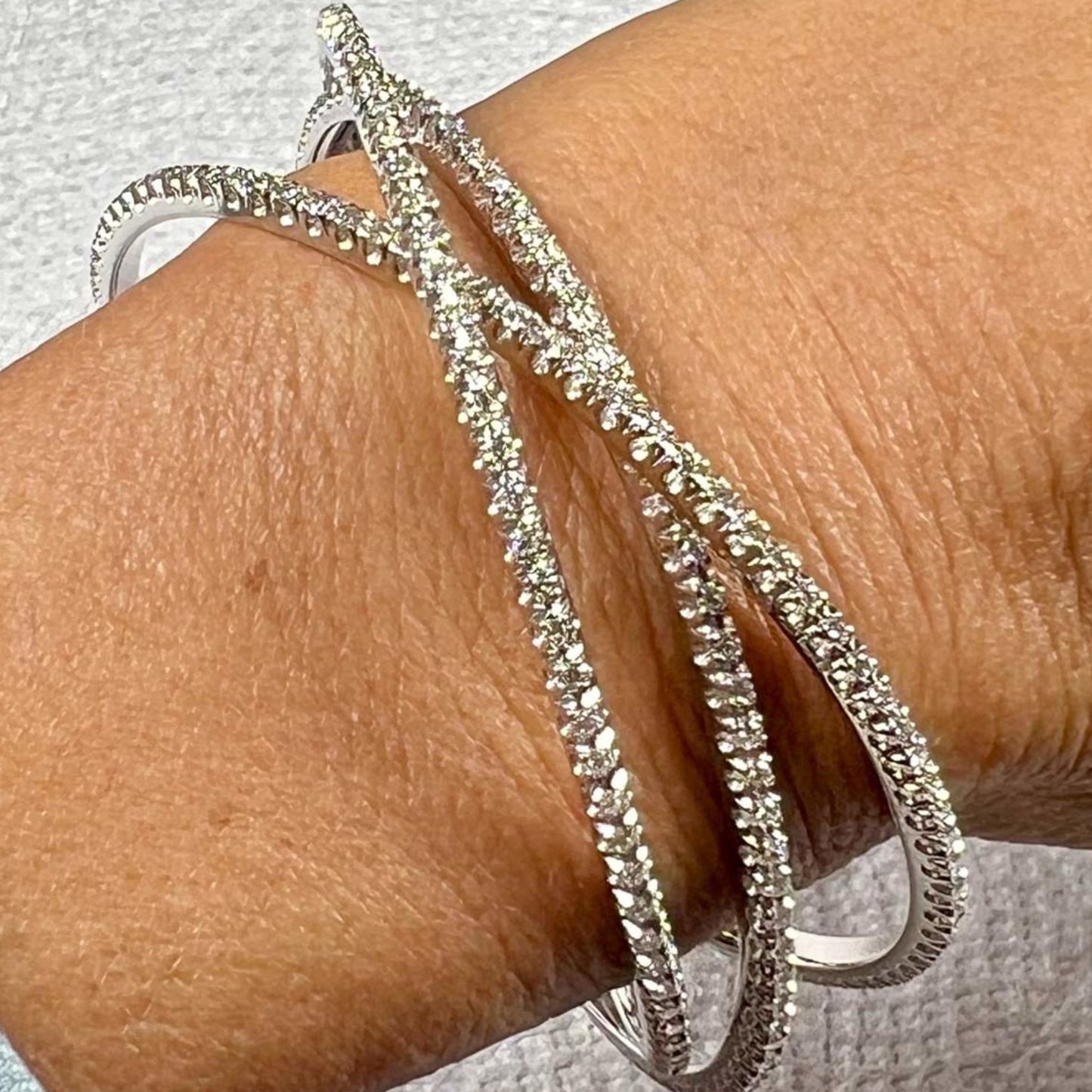 Post-1980s 18KT White Gold Diamond Bangle Bracelet on wrist