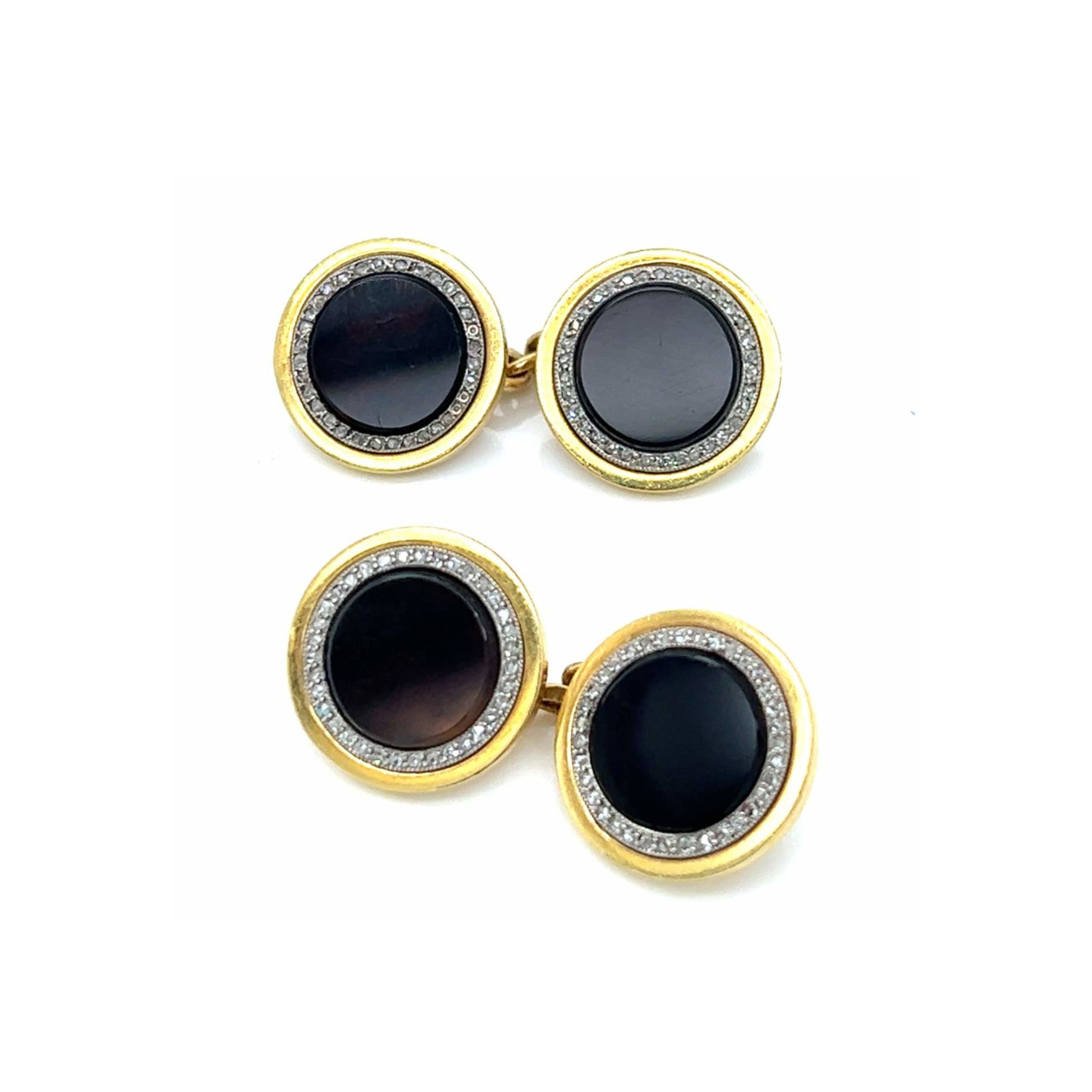 French Post-1980s 18KT Yellow Gold Onyx & Diamond Cufflinks front