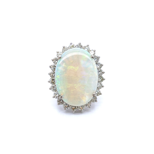 1980s 14KT White Gold Opal & Diamond Ring front