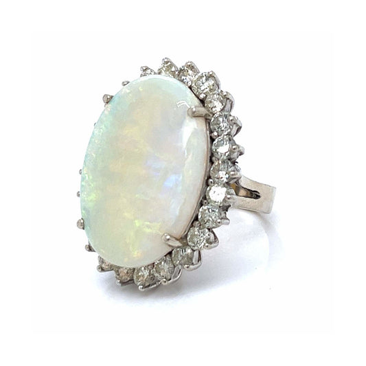 1980s 14KT White Gold Opal & Diamond Ring side