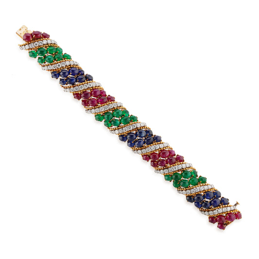 Van Cleef & Arpels 1980s Platinum & 18KT Yellow Gold Diamond, Emerald, Ruby & Sapphire Bracelet front