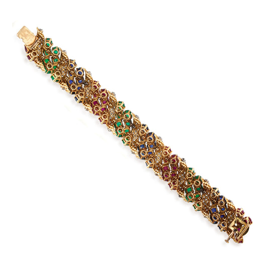 Van Cleef & Arpels 1980s Platinum & 18KT Yellow Gold Diamond, Emerald, Ruby & Sapphire Bracelet back