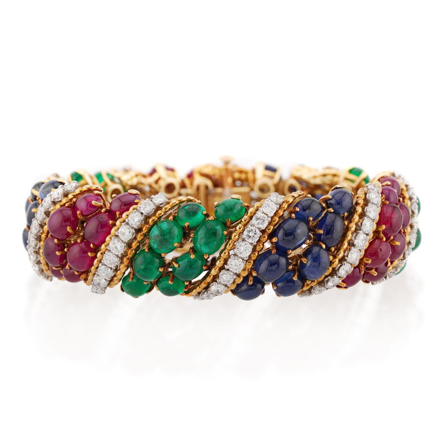 Van Cleef & Arpels 1980s Platinum & 18KT Yellow Gold Diamond, Emerald, Ruby & Sapphire Bracelet front