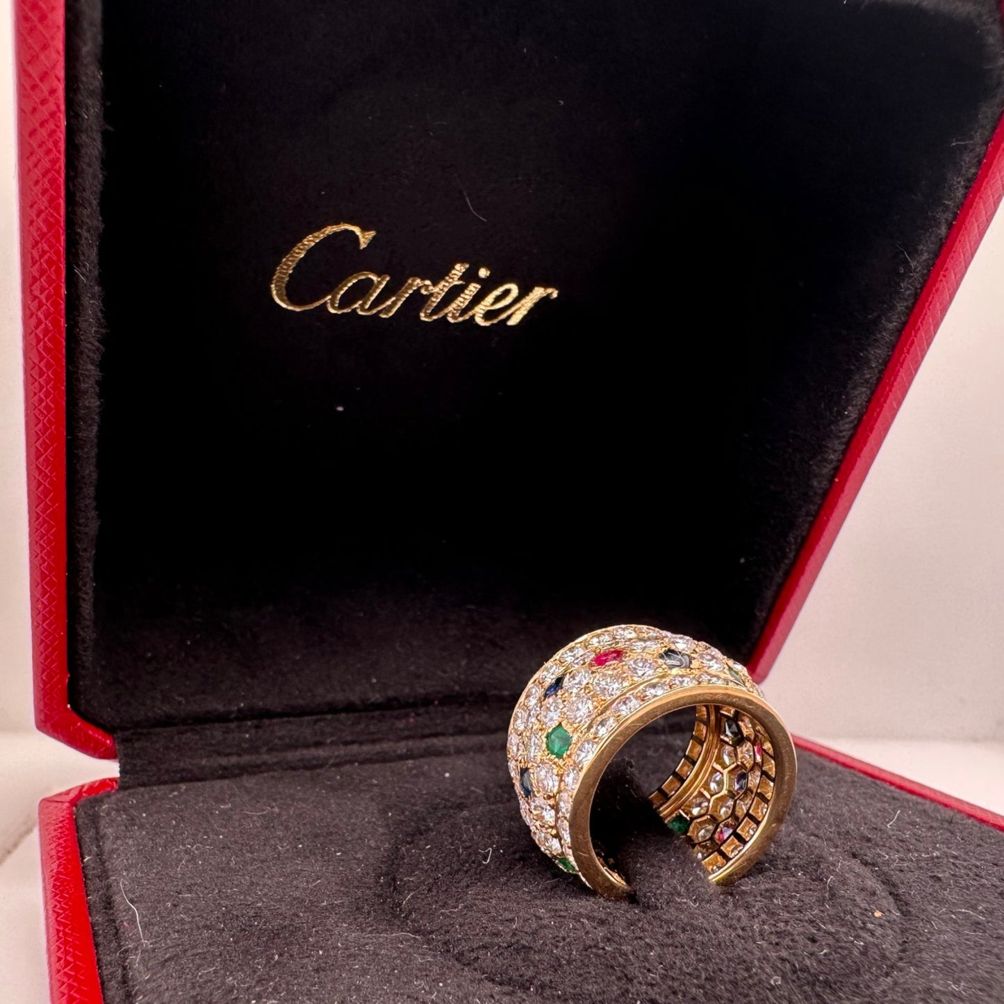 Cartier Post-1980s 18KT Yellow Gold Diamond, Emerald, Ruby & Sapphire Ring in box