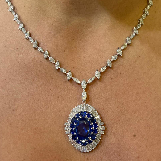 1950s Platinum Sapphire & Diamond Necklace on neck