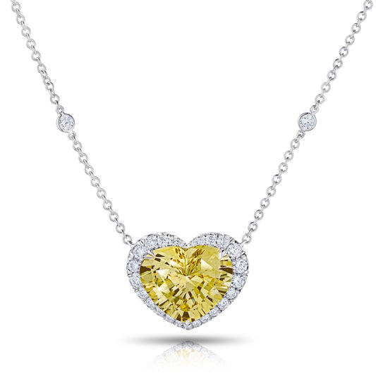 Contemporary Platinum Sapphire & Diamond Heart Necklace front