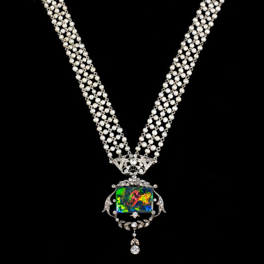 Edwardian Platinum Australian Opal & Natural Pearl Necklace front