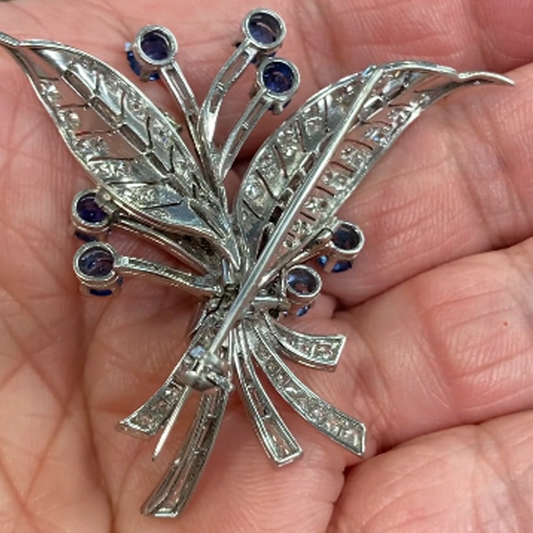 1980s Platinum Diamond & Sapphire Brooch back