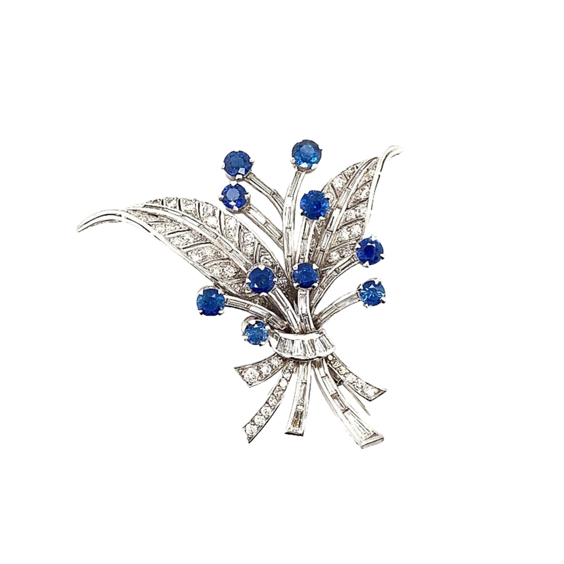 1980s Platinum Diamond & Sapphire Brooch front