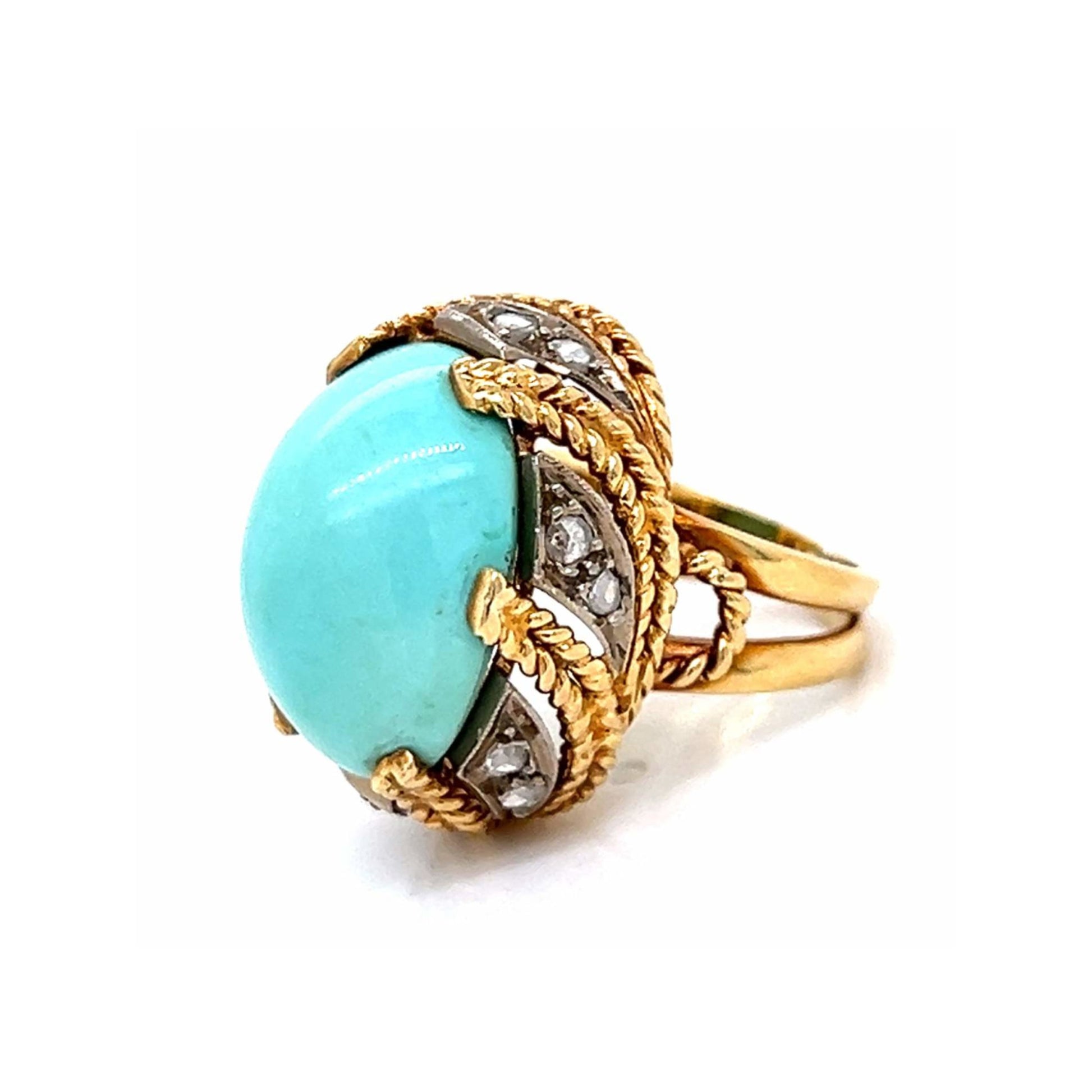 1960s 14KT Yellow Gold Turquoise & Diamond Ring side