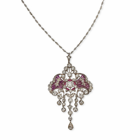 Edwardian Platinum Diamond & Plique-à-jour Enamel Necklace front