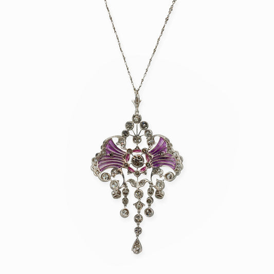 Edwardian Platinum Diamond & Plique-à-jour Enamel Necklace back