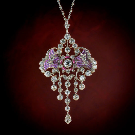 Edwardian Platinum Diamond & Plique-à-jour Enamel Necklace front