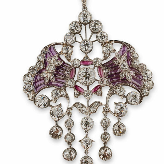 Edwardian Platinum Diamond & Plique-à-jour Enamel Necklace close-up details