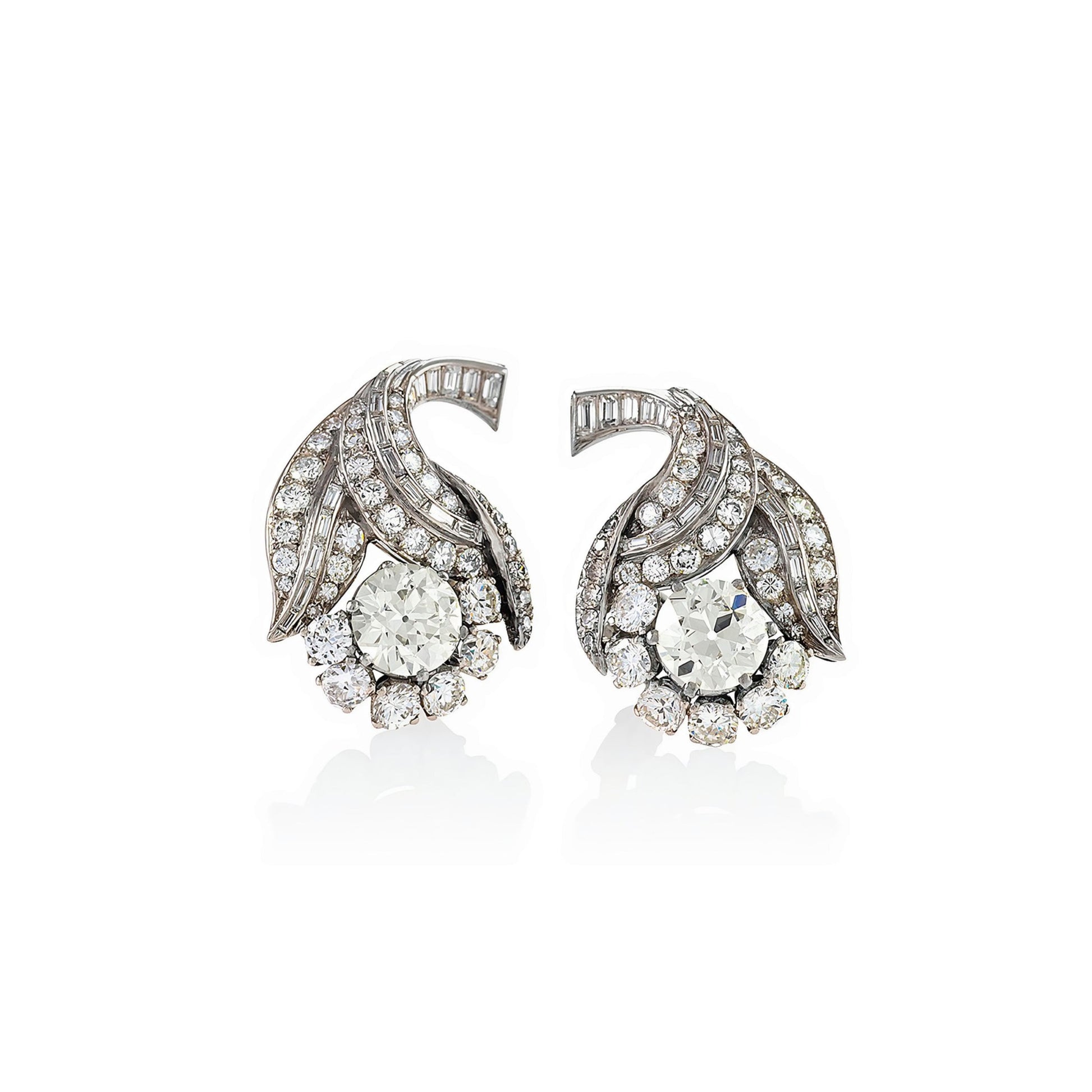 French Art Deco Platinum Diamond Flower Earrings front