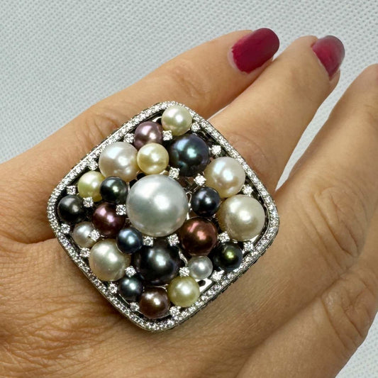 Salavetti Post-1980s 18KT White Gold Cultured Pearl & Diamond Ring on finger