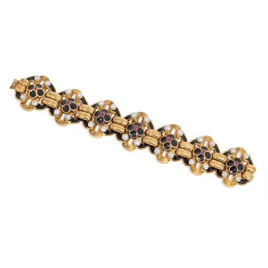 French Georgian 18KT Yellow Gold Ruby, Enamel, Cultured Pearl Bracelet front