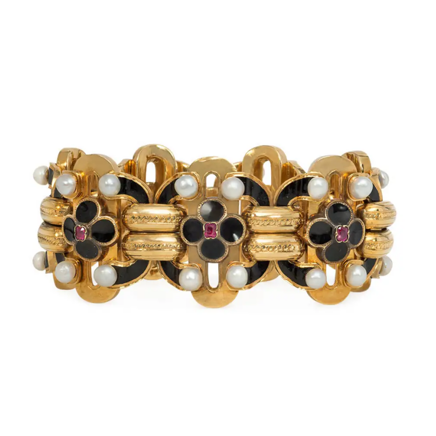 French Georgian 18KT Yellow Gold Ruby, Enamel, Cultured Pearl Bracelet front