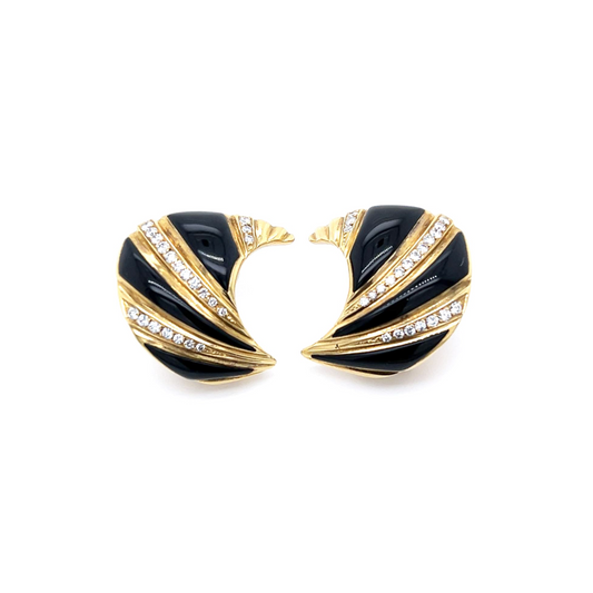 Post-1980s 18KT Yellow Gold Diamond & Onyx Earrings front