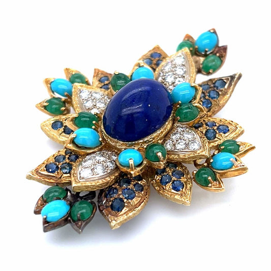 1970s 18KT Yellow Gold Diamond, Emerald, Lapis Lazuli, Sapphire & Turquoise Brooch front