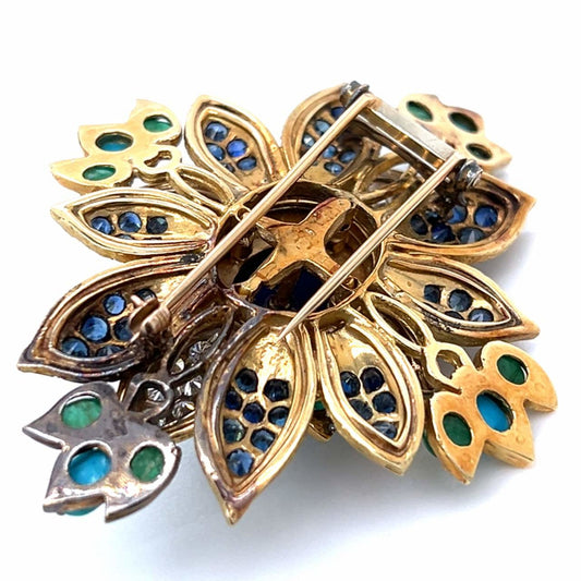 1970s 18KT Yellow Gold Diamond, Emerald, Lapis Lazuli, Sapphire & Turquoise Brooch back