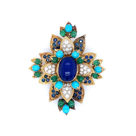 1970s 18KT Yellow Gold Diamond, Emerald, Lapis Lazuli, Sapphire & Turquoise Brooch front