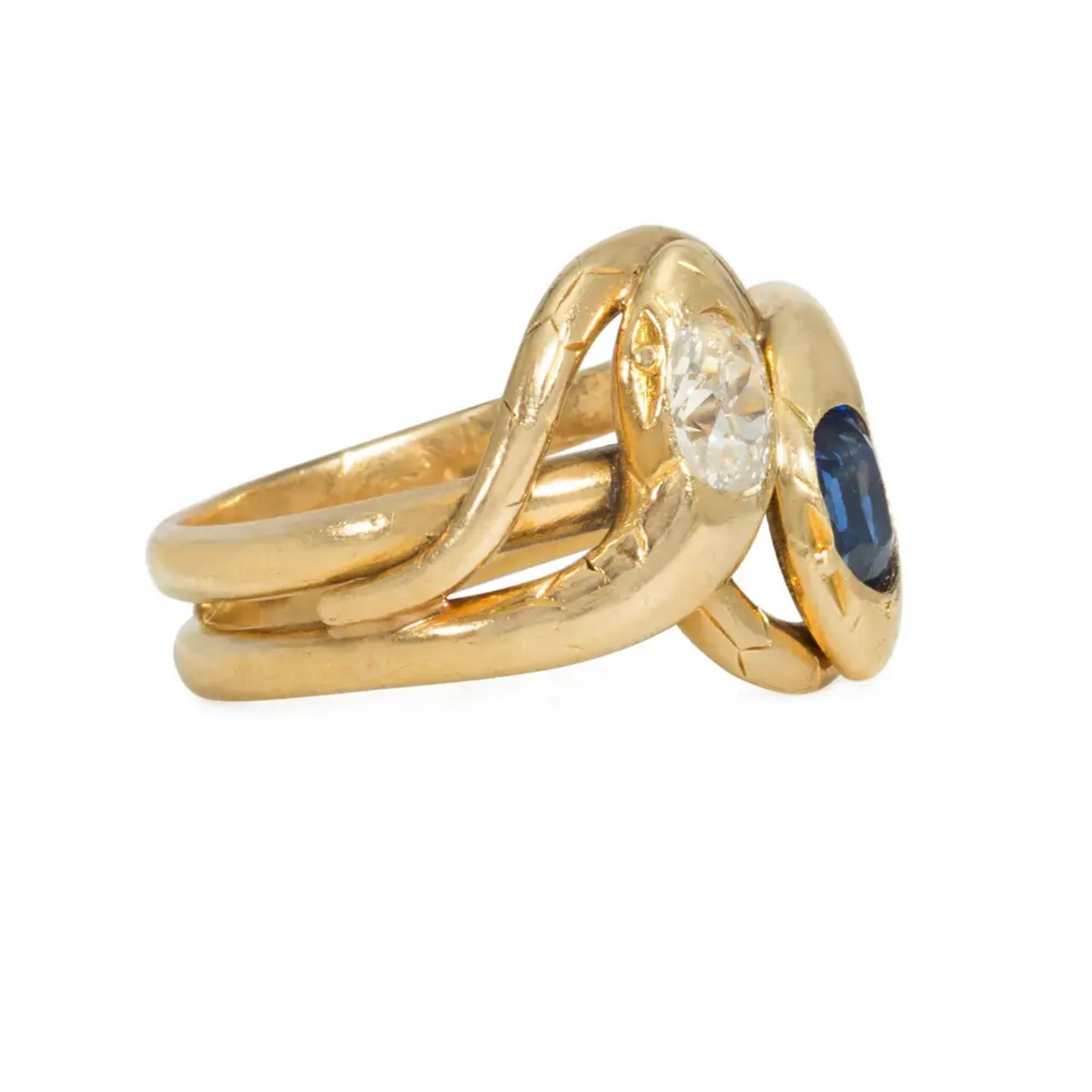 French Victorian 18KT Yellow Gold Sapphire & Diamond Snake Ring side