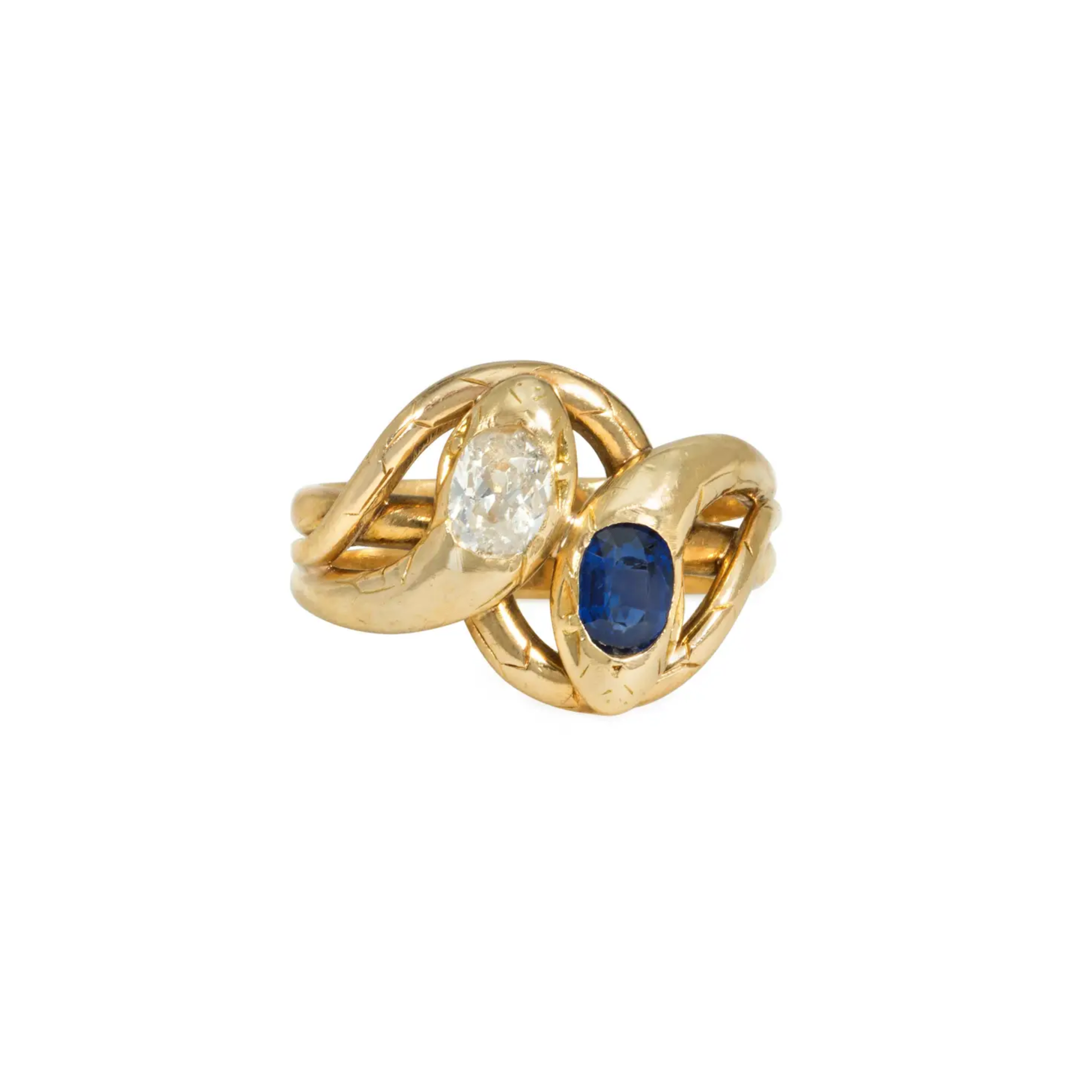 French Victorian 18KT Yellow Gold Sapphire & Diamond Snake Ring front