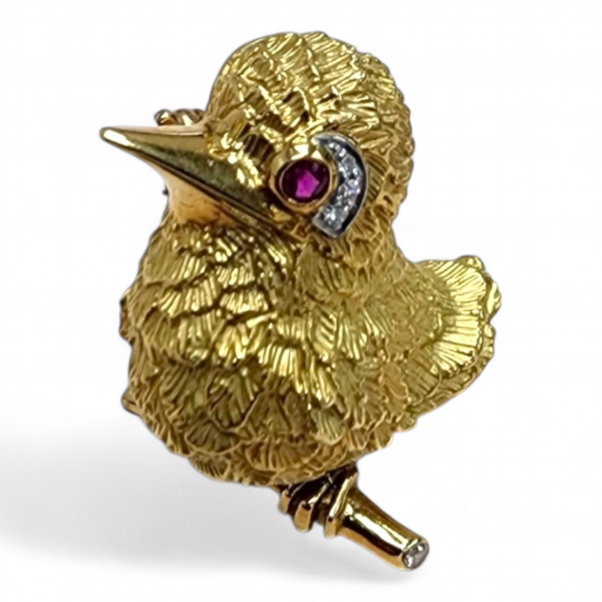 Cartier 1960s 18KT Yellow Gold Ruby & Diamond Bird Brooch front