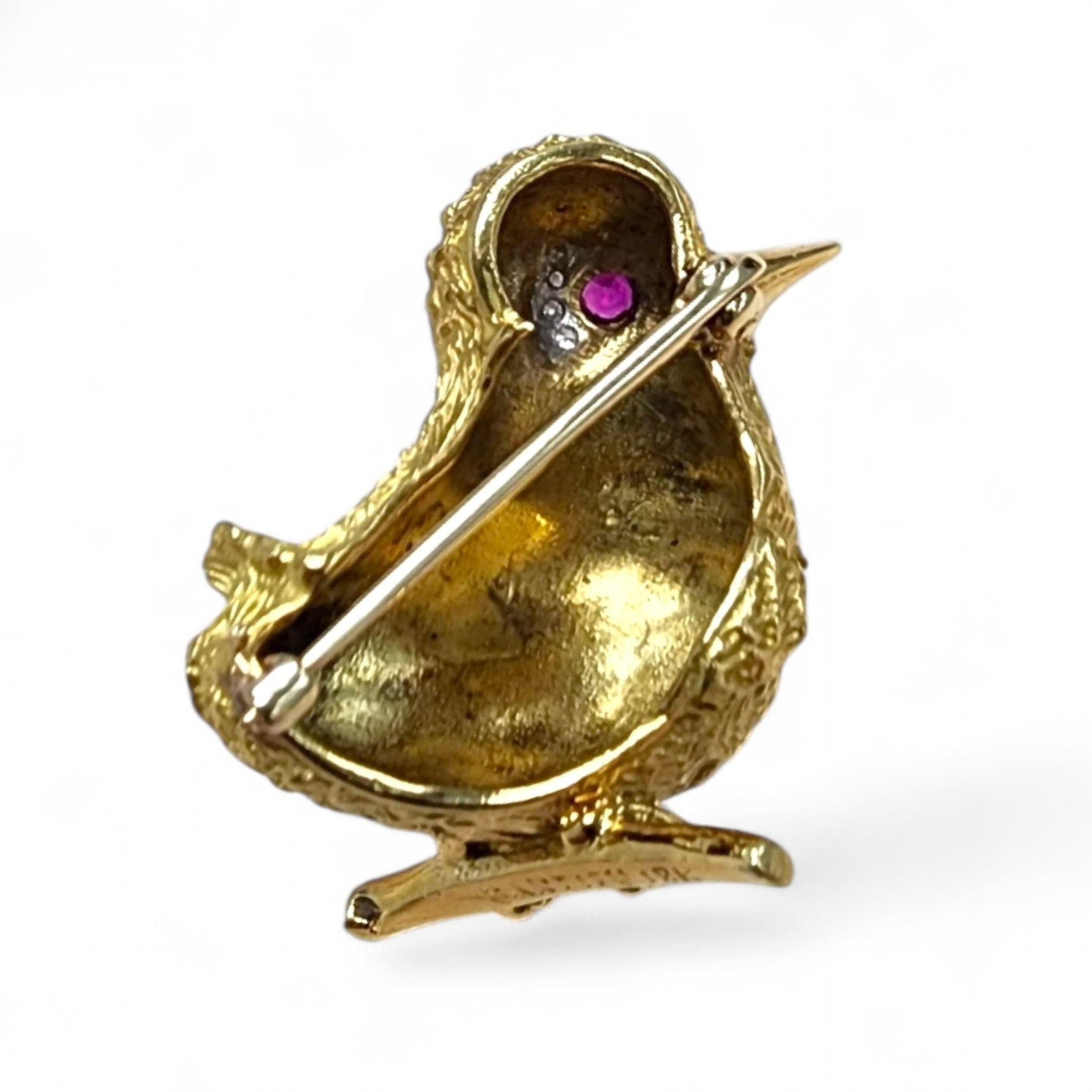 Cartier 1960s 18KT Yellow Gold Ruby & Diamond Bird Brooch back