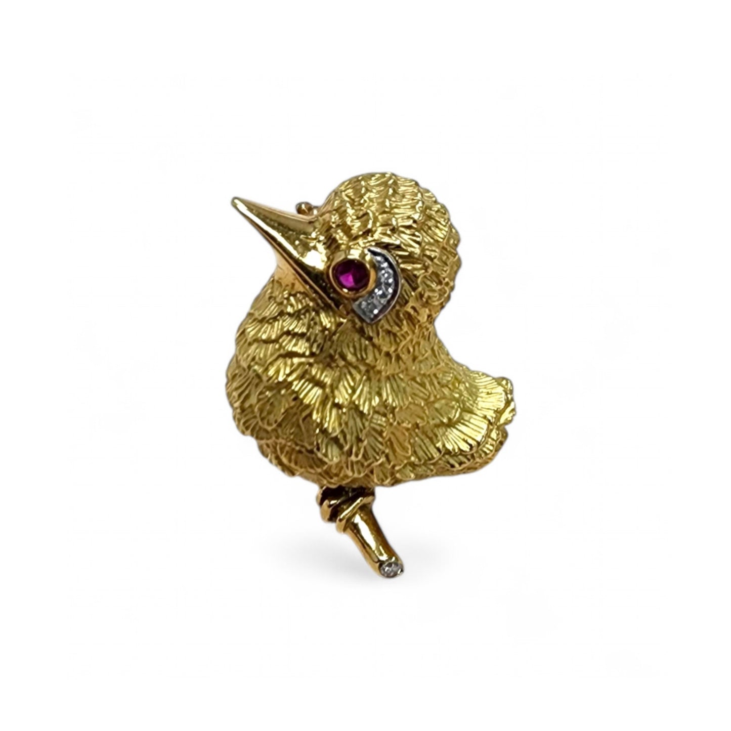 Cartier 1960s 18KT Yellow Gold Ruby & Diamond Bird Brooch front