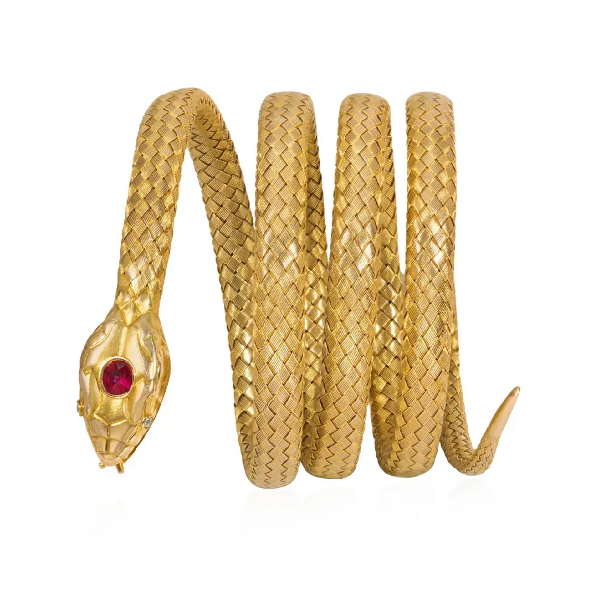 Edwardian 18KT Yellow Gold Ruby & Diamond Snake Bracelet front