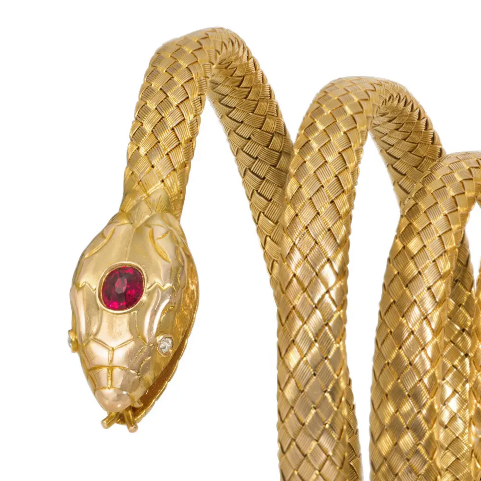 Edwardian 18KT Yellow Gold Ruby & Diamond Snake Bracelet close-up details