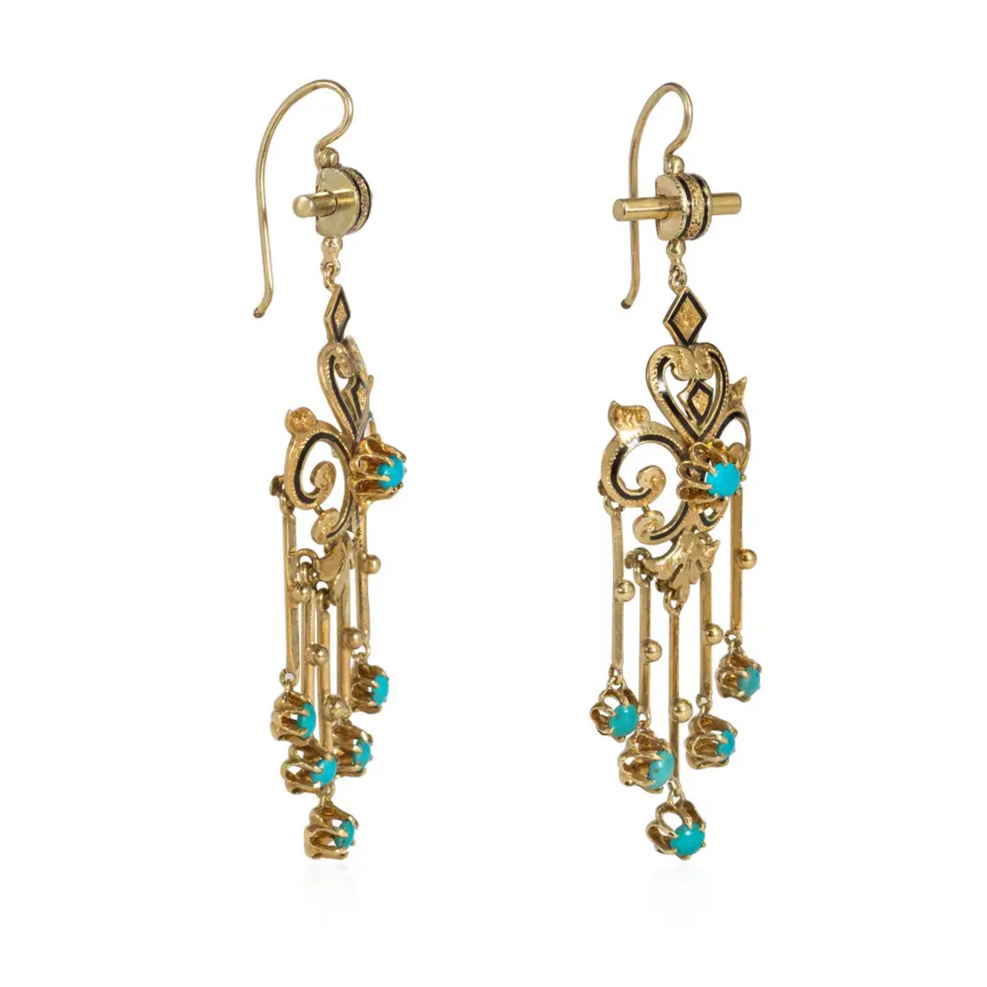 Victorian 14KT Yellow Gold Turquoise & Enamel Earrings side