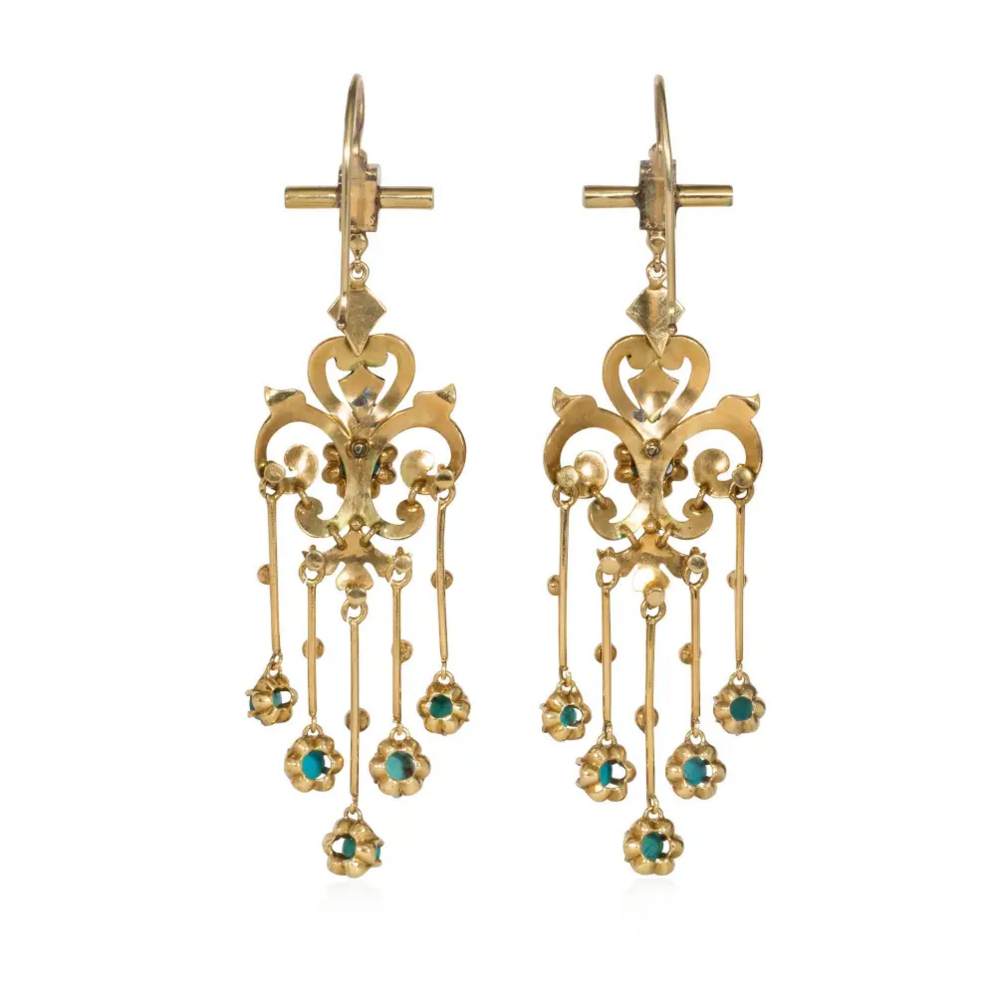 Victorian 14KT Yellow Gold Turquoise & Enamel Earrings back