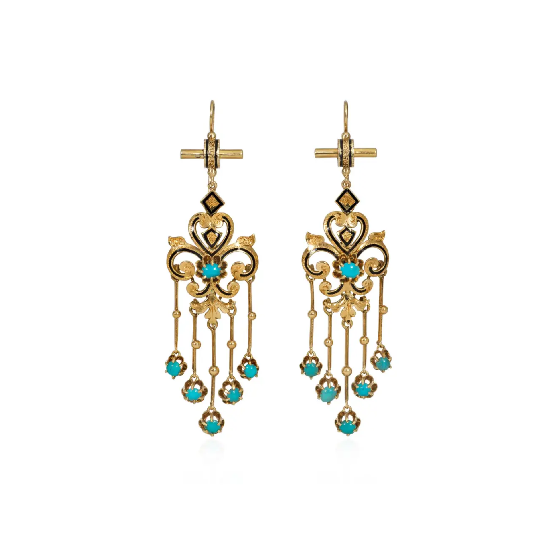 Victorian 14KT Yellow Gold Turquoise & Enamel Earrings front